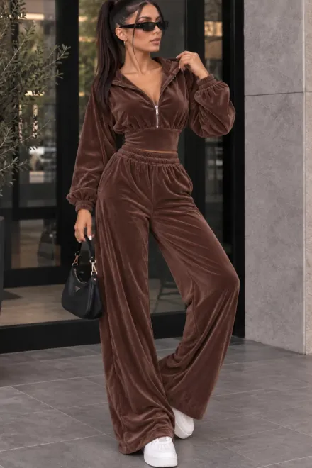 Trening de Dama, din Catifea, Hanorac cu Brau Tip Corset si Pantalon Lung, Amaretto, Maro