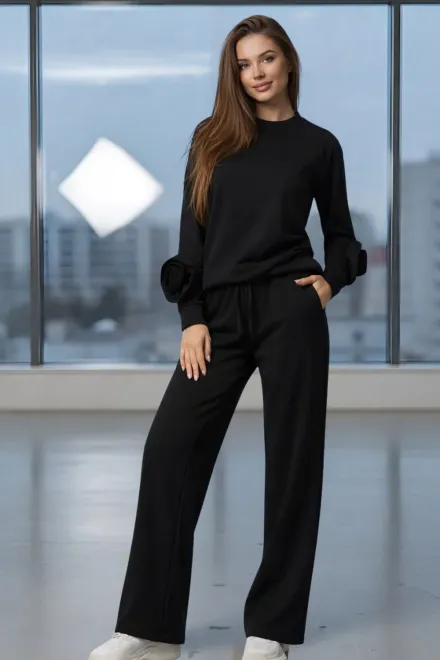 Trening de Dama, din Doua Piese, Bluza Accesorizata cu Flori si Pantalon Lung, Scorpio, Negru
