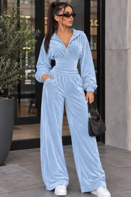 Trening de Dama, Doua Piese, din Catifea, Pantalon Lejer si Hanorac cu Brau Tip Corset, Bleu