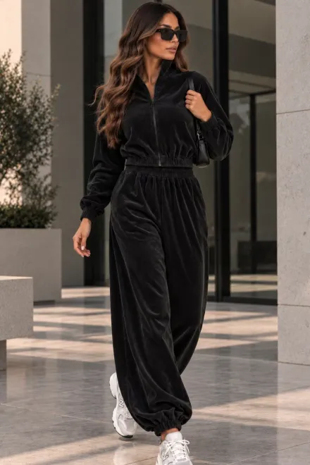 Trening din Catifea, Bluza cu Fermoar și Pantaloni Jogger, Rivven, Negru