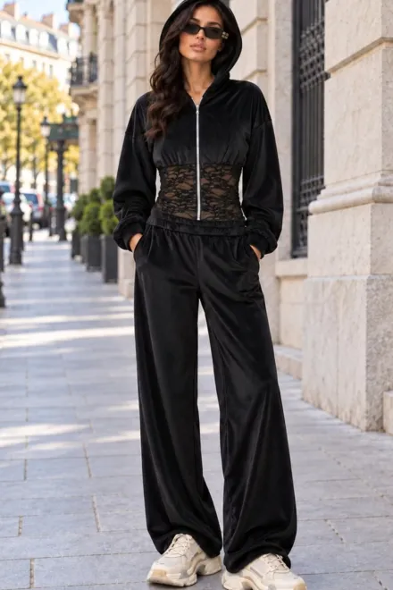 Trening din Catifea, Doua Piese, Hanorac cu Brâu Tip Corset din Dantela si Pantaloni Lejeri, Dermy, Negru