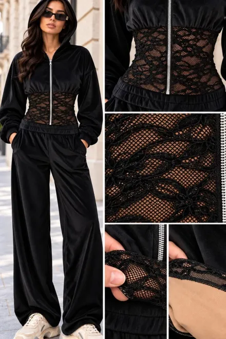 Trening din Catifea, Doua Piese, Hanorac cu Brâu Tip Corset din Dantela si Pantaloni Lejeri, Dermy, Negru