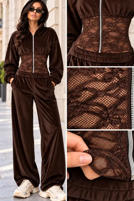 Trening din Catifea, Hanorac cu Brâu Tip Corset din Dantela si Pantaloni Lungi, Nirvany, Maro