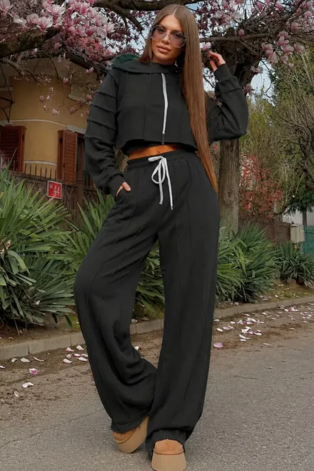Trening Lejer de Dama, din Bumbac, Hanorac si Pantaloni cu Cusaturi Evidentiate, Evante, Negru