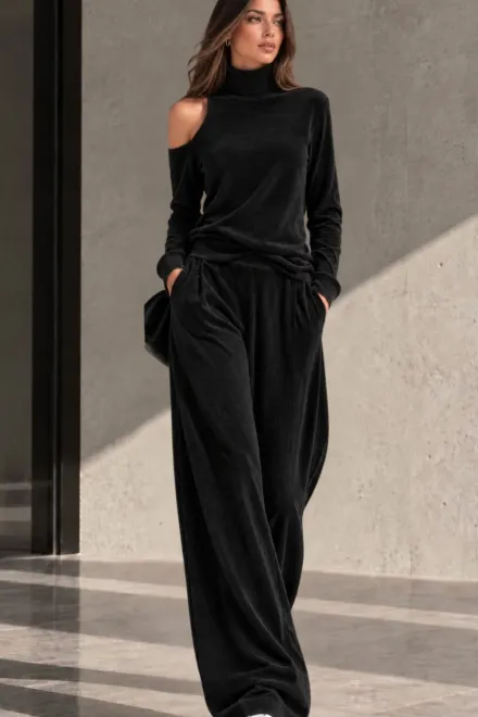 Trening Lejer de Dama, din Catifea, Doua Piese, Hilsson, Negru