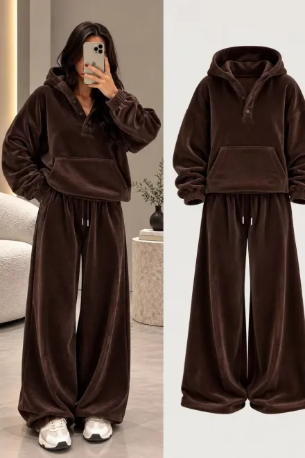 Trening Lejer de Dama, din Doua Piese, Hanorac cu Gluga si Pantalon cu Buzunare, Bear, Maro