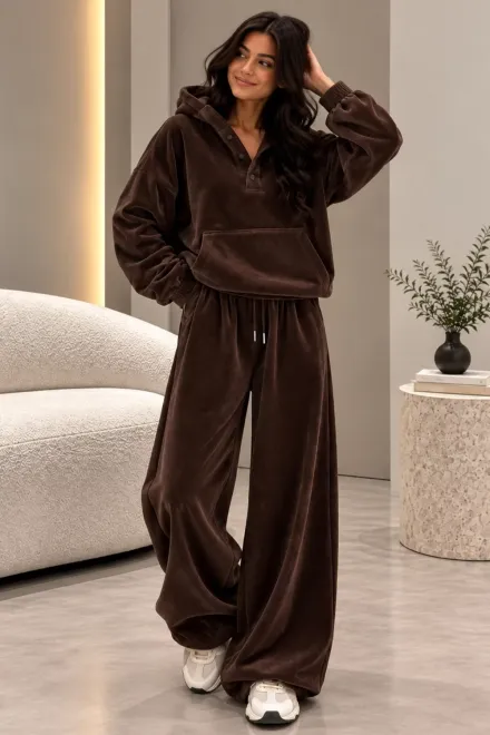 Trening Lejer de Dama, din Doua Piese, Hanorac cu Gluga si Pantalon cu Buzunare, Bear, Maro