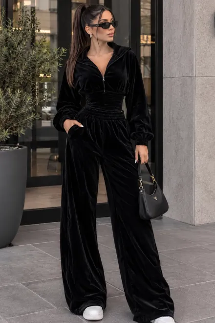 Trening Lejer de Dama, Hanorac cu Brau Tip Corset si Pantalon Lejer din Catifea, Mellyos, Negru