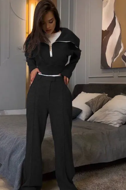 Trening Lejer de Dama, Top si Pantalon Cusaturi Evidentiate, September, Negru