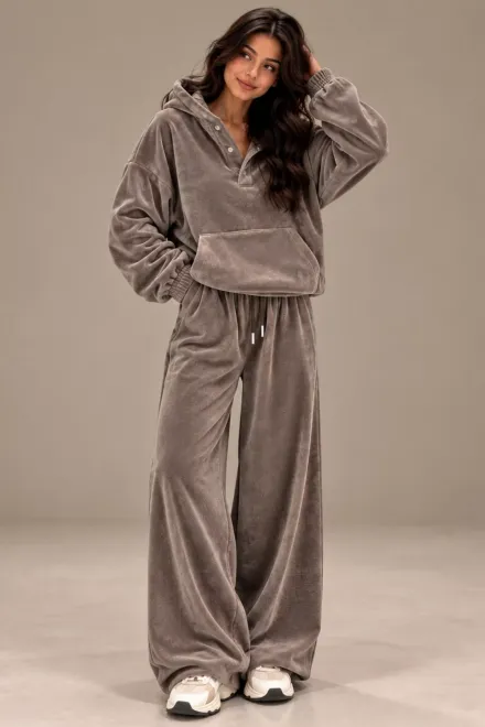 Trening Lejer din Catifea, Doua Piese, Hanorac si Pantalon Lejer, Yfuse, Cappucino