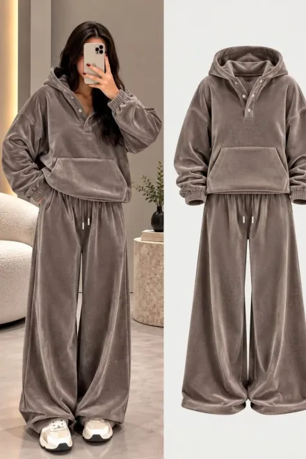 Trening Lejer din Catifea, Doua Piese, Hanorac si Pantalon Lejer, Yfuse, Cappucino