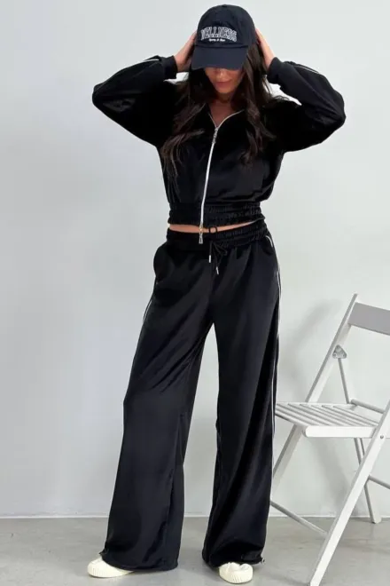 Trening Lejer, din Catifea, Doua Piese, Pantalon cu Buzunare si Hanorac cu Inchidere Fermoar, GoodVibes, Negru