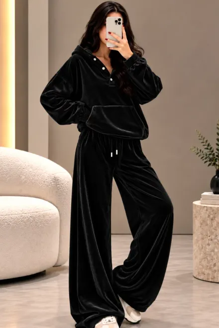 Trening Lejer din Catifea, Hanorac Lejer cu Gluga si Pantalon Lejer, Supper, Negru