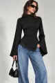 Bluza Asimetrica de Dama, din Lycra , Accesorizata cu Dantela , Meryem, Negru