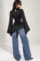 Bluza Asimetrica de Dama, din Satin, Accesorizata cu Dantela, Vivree, Negru