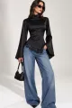 Bluza Asimetrica de Dama, din Satin, Accesorizata cu Dantela, Vivree, Negru