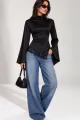 Bluza Asimetrica de Dama, din Satin, Accesorizata cu Dantela, Vivree, Negru