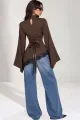 Bluza de Dama, din Lycra, Asimetrica, cu Snur Reglabil, Raven, Maro