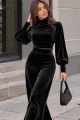 Compleu de Dama, din Catifea ,Bluza cu Guler Inalt și Pantaloni Lungi, Aryves, Negru