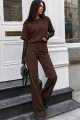 Compleu de Dama, Doua Piese, din Bumbac, Tricou cu Maneci din Dantela si Pantalon cu Cusaturi Evidentiate, Denver, Maro