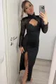 Rochie de Dama, Accesorizata cu Dantela, Crapata pe Picior si Decupaj pe Bust, Zinovia, Neagra