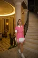 Rochie de Dama,cu Detaliu tip Portjartier, cu Poplin Alb in Contrast, Penny, Roz