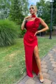Rochie de Ocazie din Bistrech, cu Crapatura Adanca, Accesorizata cu Flori  pe Bust, Elle, Rosu