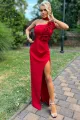 Rochie de Ocazie din Bistrech, cu Crapatura Adanca, Accesorizata cu Flori  pe Bust, Elle, Rosu