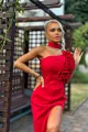 Rochie de Ocazie din Bistrech, cu Crapatura Adanca, Accesorizata cu Flori  pe Bust, Elle, Rosu