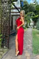 Rochie de Ocazie din Bistrech, cu Crapatura Adanca, Accesorizata cu Flori  pe Bust, Elle, Rosu