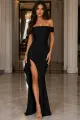 Rochie Lunga de Dama, din Lycra, pe Umeri, Crapata pe Picior, Monroe, Neagra