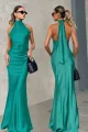 Rochie Lunga Tip Sirena, cu Spate Gol si Prindere Cordon dupa Gat, Smaralde, Verde