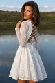 Rochie Scurta de Dama, din Dantela, cu Maneci Lungi si Snur Regalbil la Spate, Katherine, Ivoire