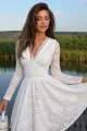 Rochie Scurta de Dama, din Dantela, cu Maneci Lungi si Snur Regalbil la Spate, Katherine, Ivoire