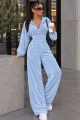 Trening de Dama, Doua Piese, din Catifea, Pantalon Lejer si Hanorac cu Brau Tip Corset, Bleu