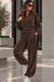 Trening Lejer de Dama, din Catifea, Bluza cu Inchidere Fermoar si Pantaloni Conici, Hazzel, Maro