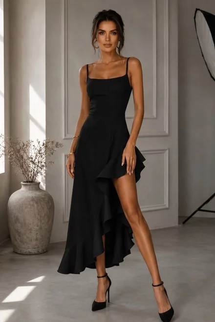 Rochie Asimetrica de Dama, cu Bretele Subtiri, din Bistrech, Beyonce, Neagra