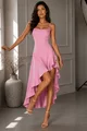 Rochie Asimetrica de Dama, din Bistrech, in Bretele Subtiri, Marbella, Roz