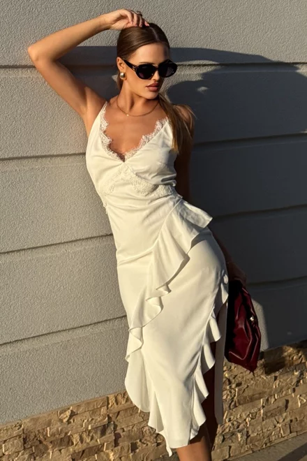 Rochie Asimetrica de Dama, in Bretele Subtiri si Accesorizata cu Dantela, Felices, Alba