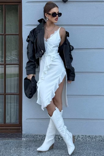 Rochie Asimetrica de Dama, in Bretele Subtiri si Accesorizata cu Dantela, Felices, Alba