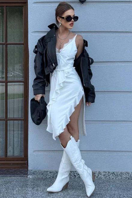 Rochie Asimetrica de Dama, in Bretele Subtiri si Accesorizata cu Dantela, Felices, Alba