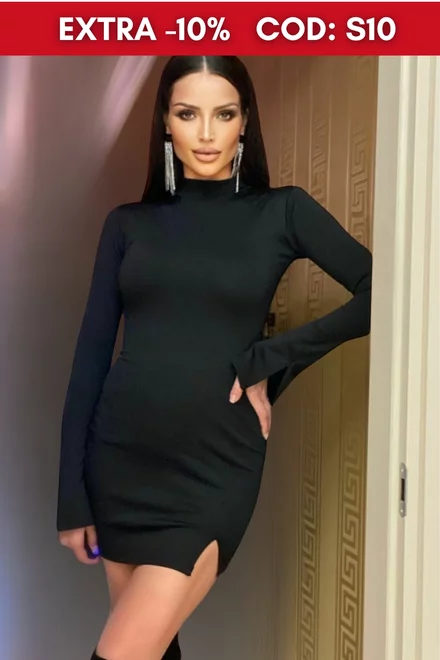 Rochie Casual de Dama din Crep Elastic, Scurta, Elastica, cu Crapatura pe Picior, Neagra