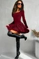 Rochie Casual din Crep, cu Maneca Lunga, si Decolteu, Primavera, Burgundy