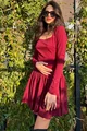 Rochie Casual din Crep, cu Maneca Lunga, si Decolteu, Primavera, Burgundy