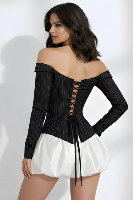Rochie cu Corset Reglabil, din Bistrech, cu Design în Dungi si Fusta din Bumbac, Detasabila, Velinna, Neagra