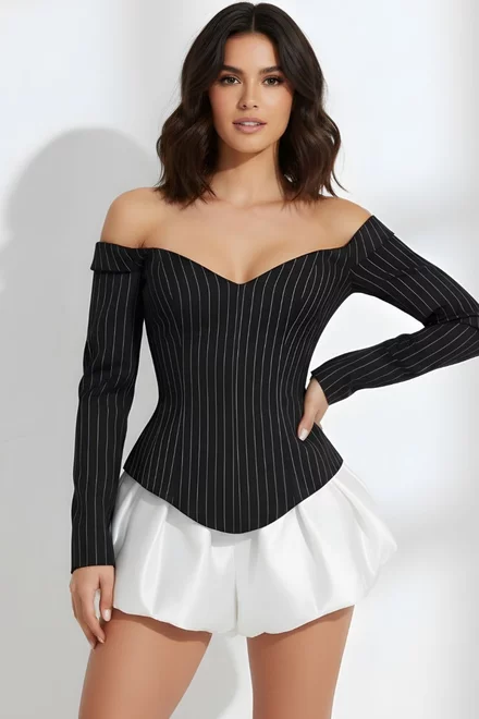 Rochie cu Corset Reglabil, din Bistrech, cu Design în Dungi si Fusta din Bumbac, Detasabila, Velinna, Neagra