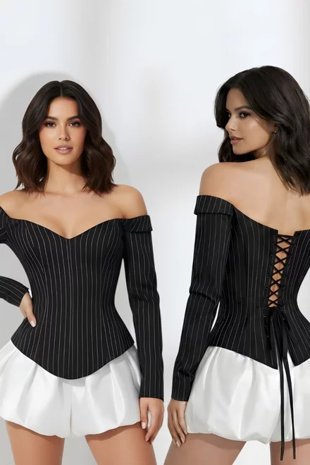Rochie cu Corset Reglabil, din Bistrech, cu Design în Dungi si Fusta din Bumbac, Detasabila, Velinna, Neagra