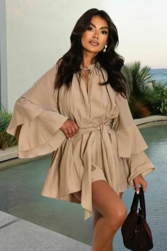 Rochie Dama cu Fusta-Pantalon si Maneci Tip Clopot cu Volan Dublu,din Material Tip iN Lejera, Five, Capuccino