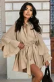 Rochie Dama cu Fusta-Pantalon si Maneci Tip Clopot cu Volan Dublu,din Material Tip iN Lejera, Five, Capuccino