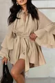 Rochie Dama cu Fusta-Pantalon si Maneci Tip Clopot cu Volan Dublu,din Material Tip iN Lejera, Five, Capuccino